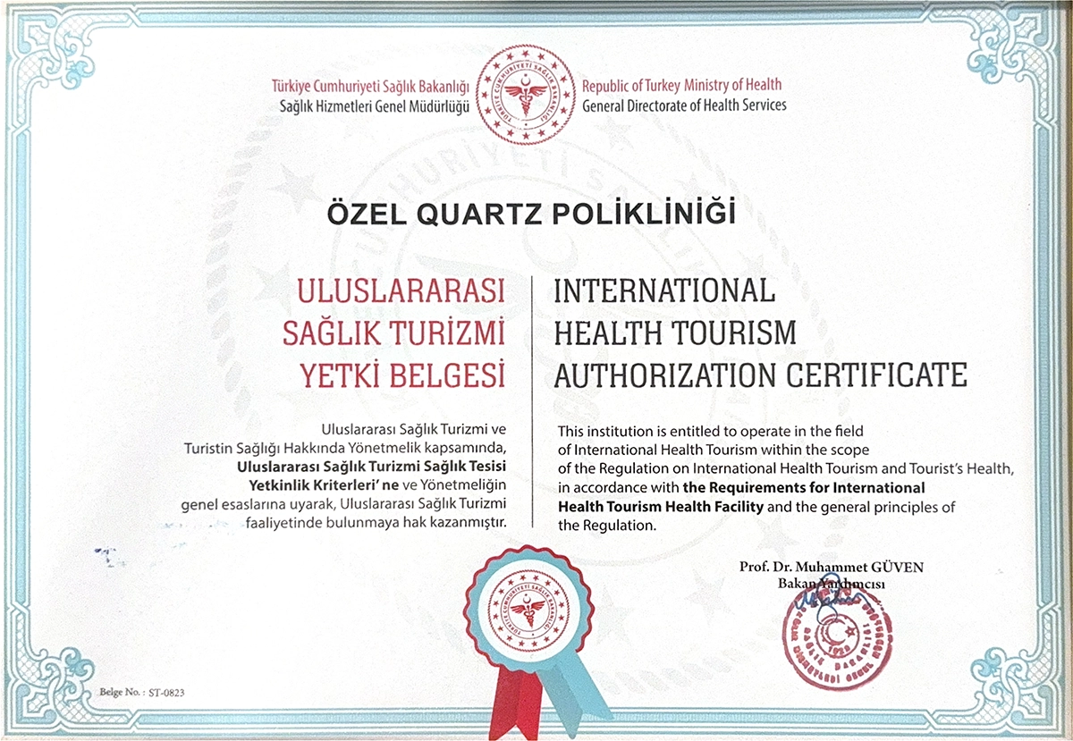 Quartz Poliklinik Sağlık Turizm Belgesi